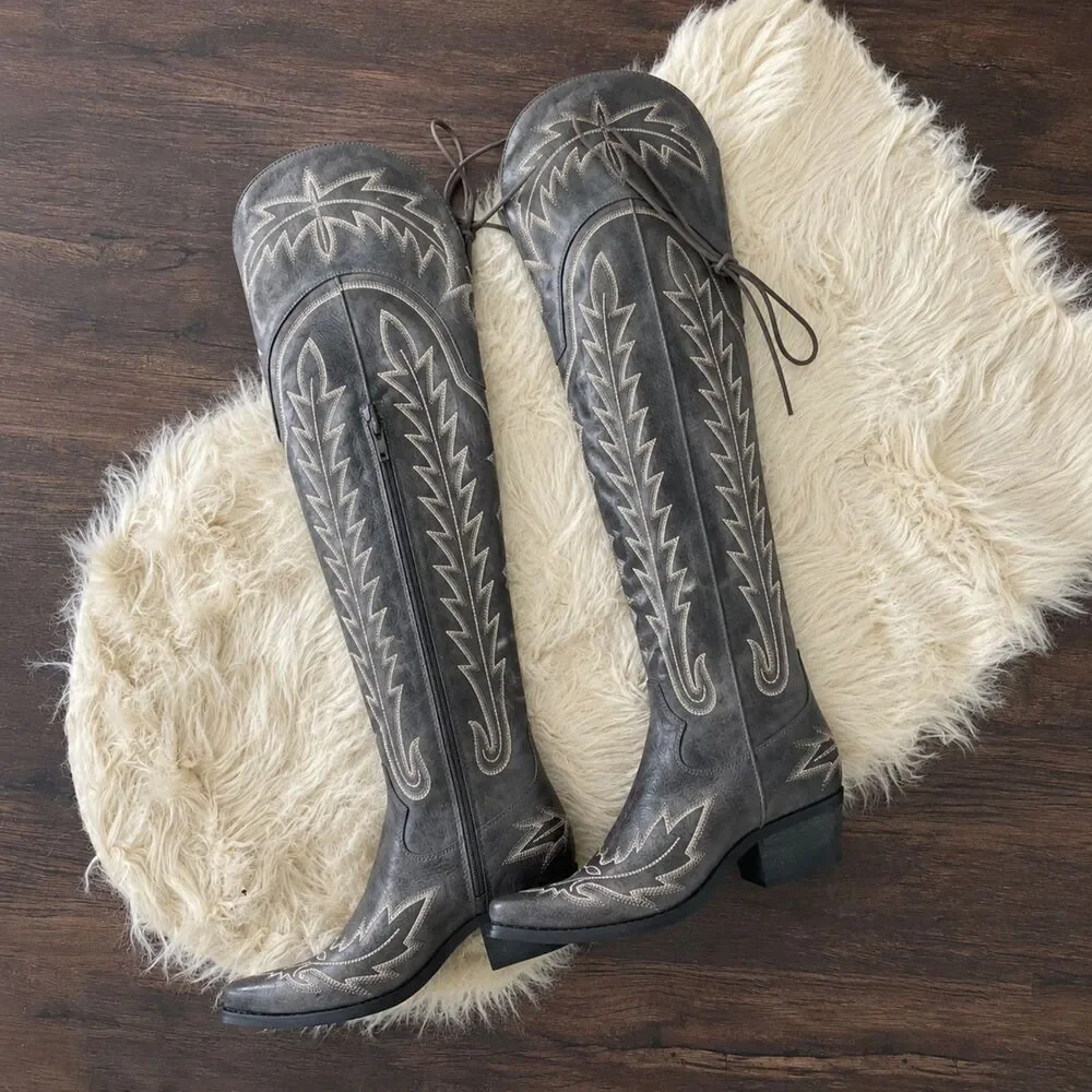 Redtop The Ross Grey Over-the-Knee Wide Calf Cowgirl Boots Back Tie & Embroidery